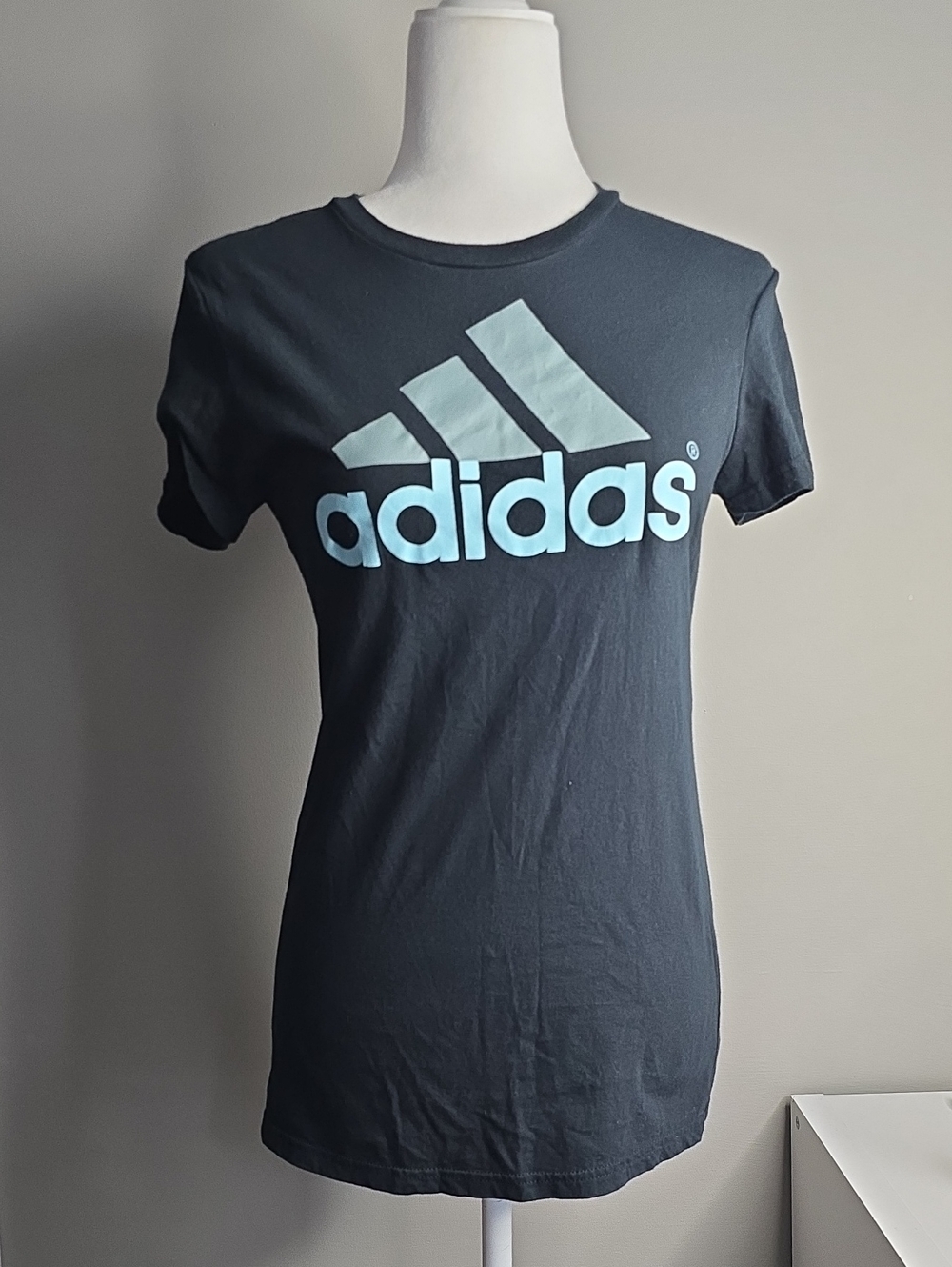 adidas Black Short Sleeve Tee with Light Blue Logo